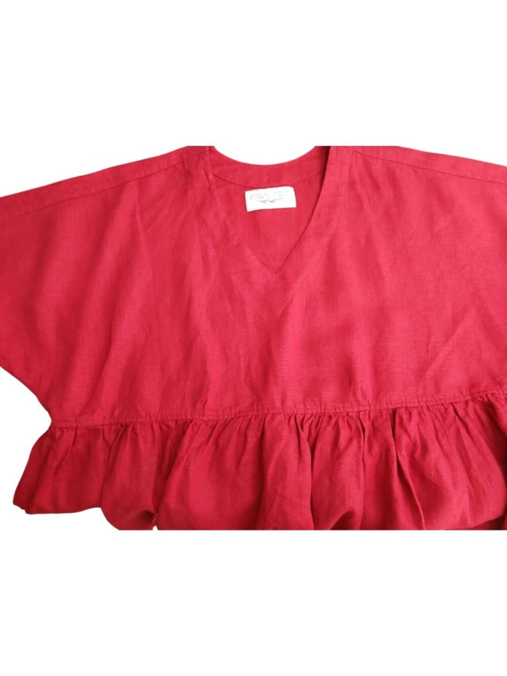 Pavietra Womens Red Linen Peplum Ruffled Peplum Linen Top V Neck - Picture 7 of 12